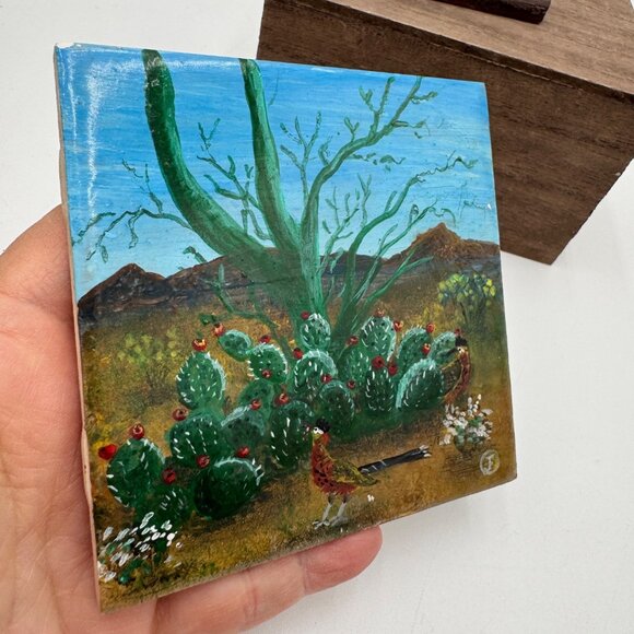 Prickly pear road runner painted tile southwest Arizona scene blue sky small tin - Picture 2 of 16